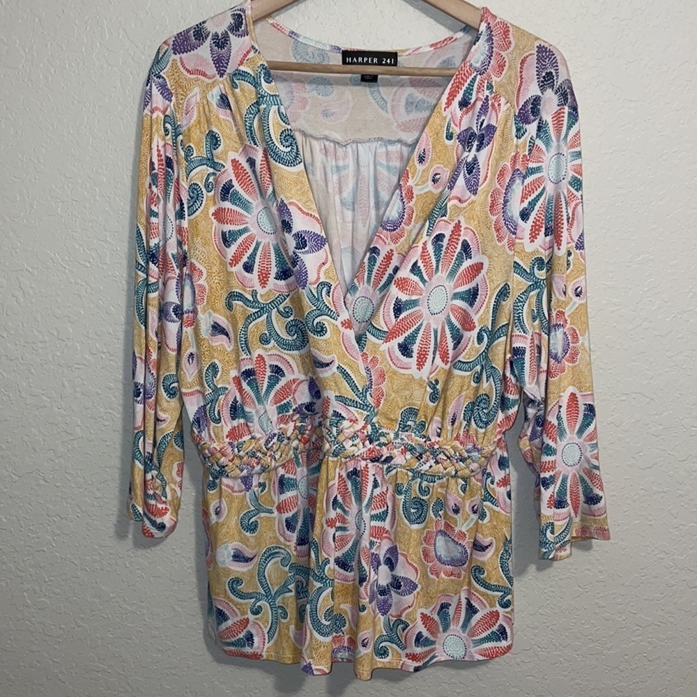 Harper 241 Womens Plus Size 2X Peplum Blouse 3/4 Sleeve Faux Wrap Floral Print